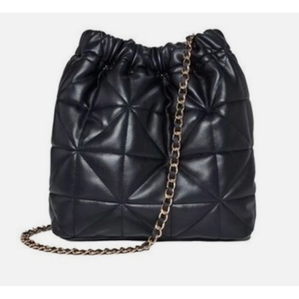 A New Day Quilted Bucket Bag Womens Black Faux Leather Chain Strap Crossbody